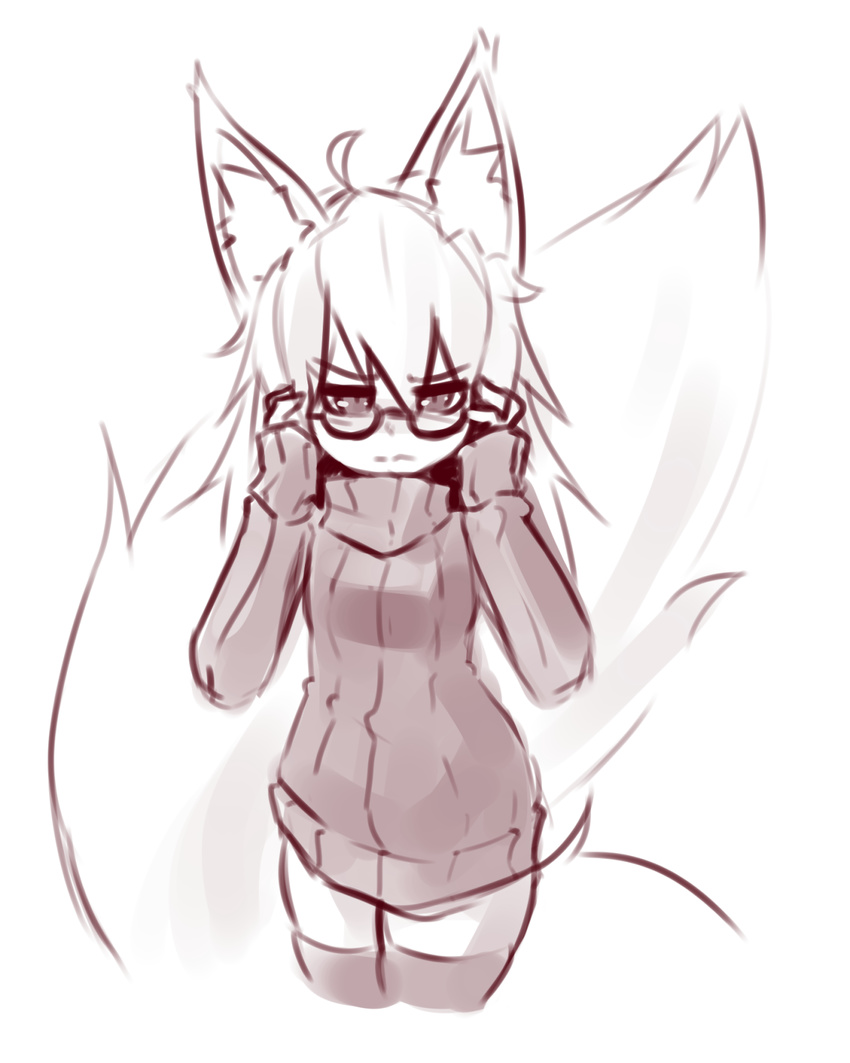 absurd_res animal_humanoid big_tail blush breasts canine clothed clothing eyewear female fox fox_humanoid frown fully_clothed glasses hi_res humanoid hybrid inner_ear_fluff legwear looking_at_viewer mammal monochrome simple_background sketch slit_pupils small_breasts solo standing sub-res sweater thigh_highs white_background