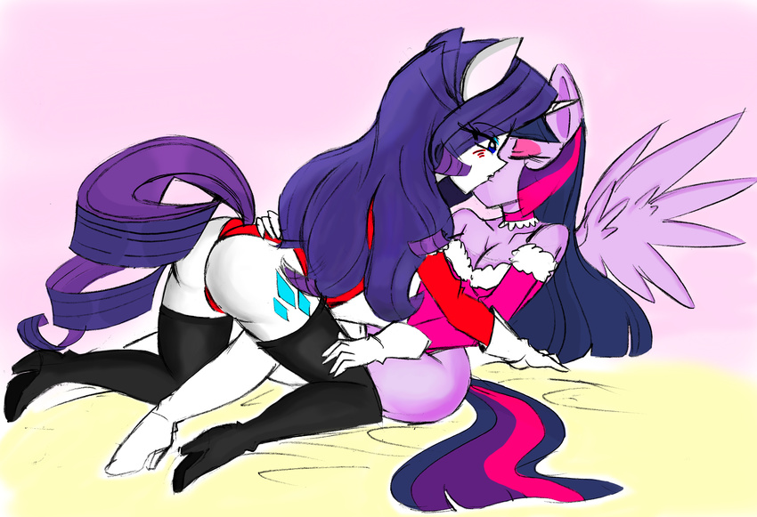 2015 anthro anthrofied boots breasts cabrony choker cleavage clothed clothing cutie_mark danmakuman duo equine eyes_closed feathered_wings feathers female female/female footwear friendship_is_magic gloves hand_behind_back hi_res high_heels horn kissing legwear mammal my_little_pony raised_tail rarity_(mlp) rear_view shoes sketch thigh_highs twilight_sparkle_(mlp) unicorn wing_boner winged_unicorn wings