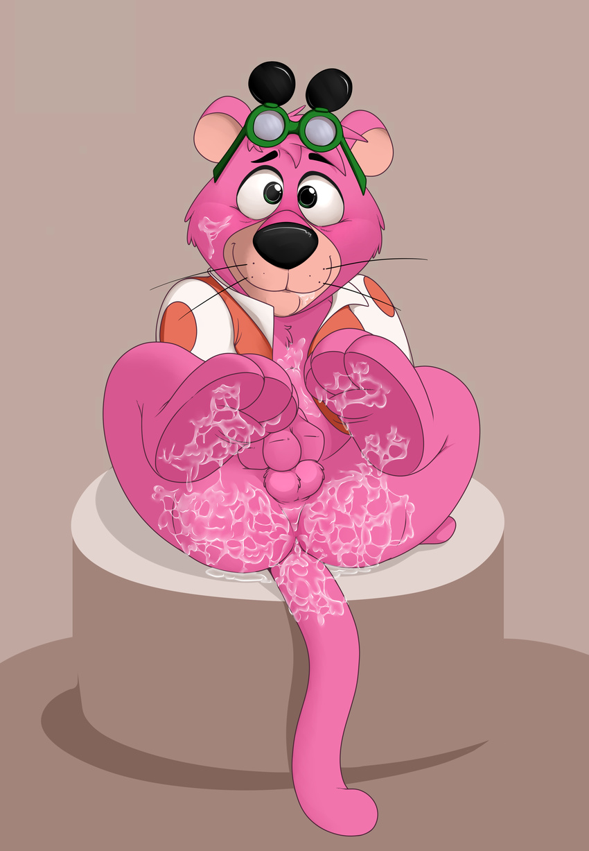 anthro anus balls barefoot bottomless butt clothed clothing cougar covering covering_self cum cum_covered cum_drip dripping feline glasses_on_forehead legs_up looking_at_viewer male mammal messy neenya open_jacket perineum reclining smile snagglepuss snagglepuss_(show) solo whiskers