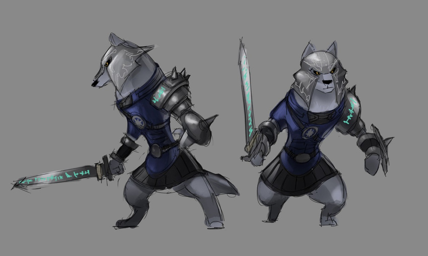 2017 anthro armello armor canine clothed clothing fur grey_background grey_fur male mammal melee_weapon purpleground02 simple_background solo sword thane_(armello) weapon wolf