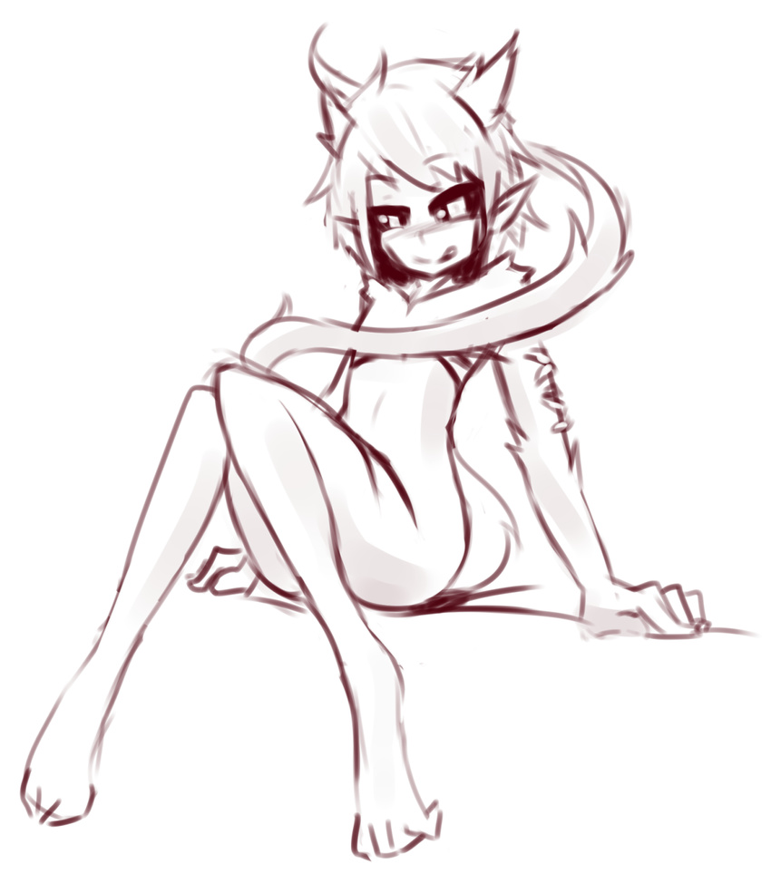 ambiguous_gender black_sclera bottomless clothed clothing fur hair hybrid invalid_tag licking licking_lips looking_at_viewer monochrome monster_girl_(genre) pointy_ears short_hair simple_background sitting sketch slim solo sub-res teasing tongue tongue_out unknown_species white_background