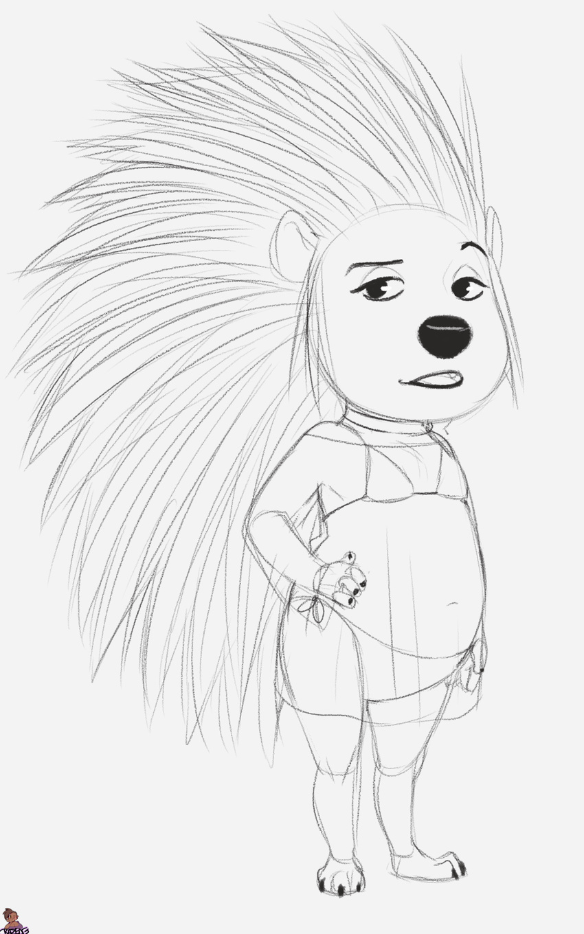 anthro ash_(sing) bikini black_and_white claws clothing crazedg female flat_chested hand_on_hip mammal monochrome porcupine quills raised_eyebrow rodent sing_(movie) slightly_chubby solo swimsuit toe_claws translucent