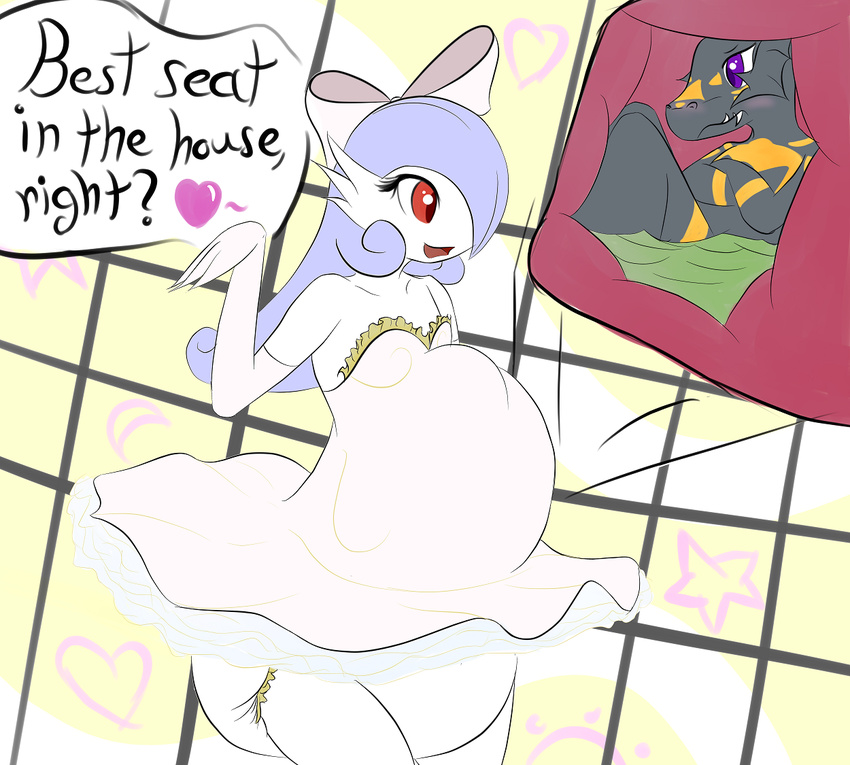 &lt;3 belly big_belly bow breasts clothing dialogue diaper digimon dress english_text female gardevoir guilmon internal nintendo open_mouth pok&eacute;mon prettypaddedprincess red_eyes scalie small_breasts smile stomach text video_games x-ray