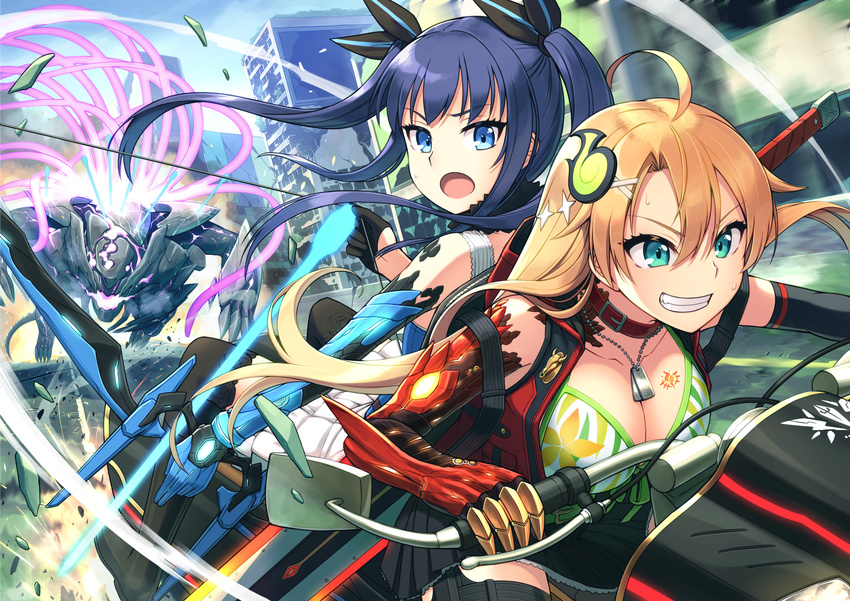 ahoge aqua_eyes back-to-back bikini_top blonde_hair blue_eyes blue_hair bow_(weapon) city claws collar commentary_request dog_tags grin ground_vehicle hair_ornament hairpin highres long_hair motor_vehicle motorcycle multiple_girls multiple_riders open_mouth original oyaji-sou smile tattoo twintails weapon