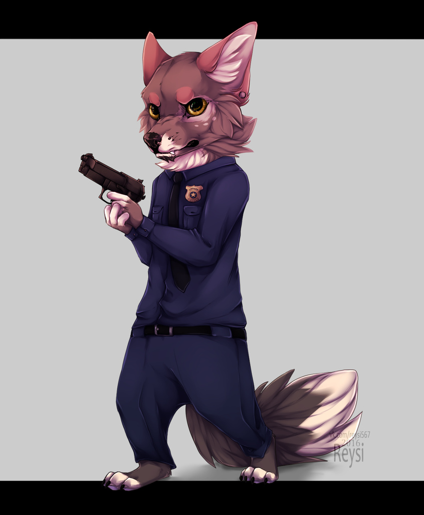 2016 amber_eyes anthro black_bars black_lips black_nose canine clothed clothing fur grey_fur gun holding_object holding_weapon male mammal ranged_weapon reysi simple_background solo standing weapon wolf