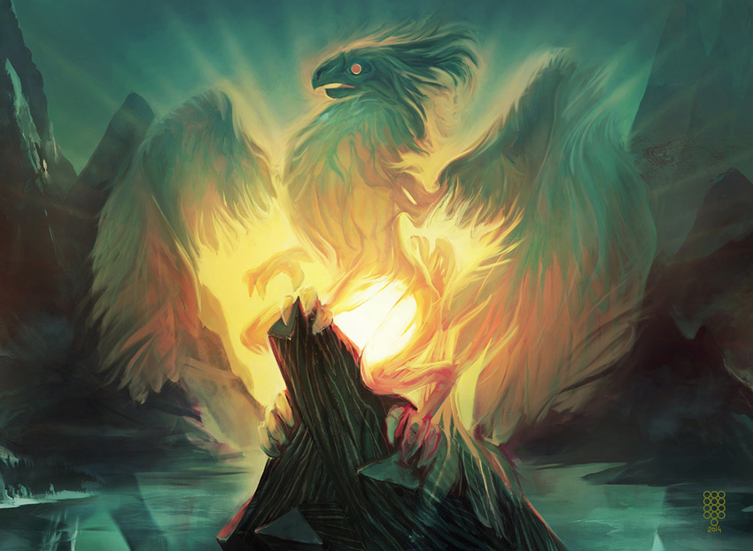 avian backlit beak elemental feral landscape magic_the_gathering official_art perched quadruped rafael_sarmento signature spread_wings translucent wings