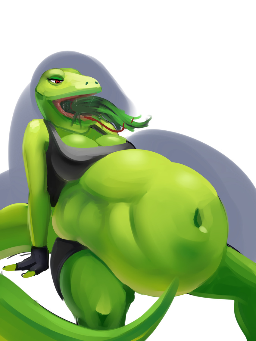 belly big_belly big_breasts bra breasts cleavage clothed clothing female fingerless_gloves gloves komodo_dragon lizard metalforever monitor_lizard navel post_vore red_eyes reptile scalie underwear vore