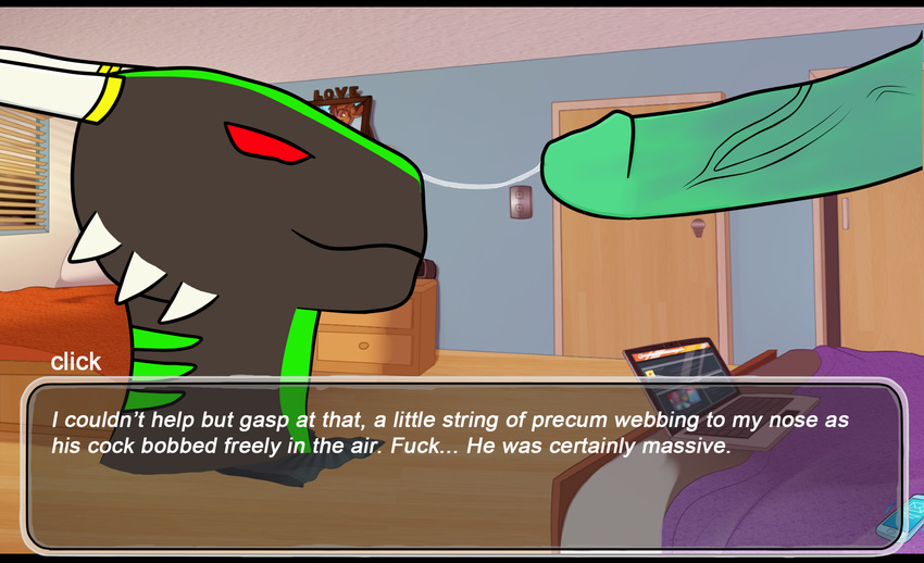 amorous bedroom black_scales circumcised click cum dialogue dragon english_text erection green_scales horn inside jewelry lizard penis precum precum_string punkfruit red_eyes reptile scales scalie side_view smile text vein veiny_penis video_games visual_novel zenith