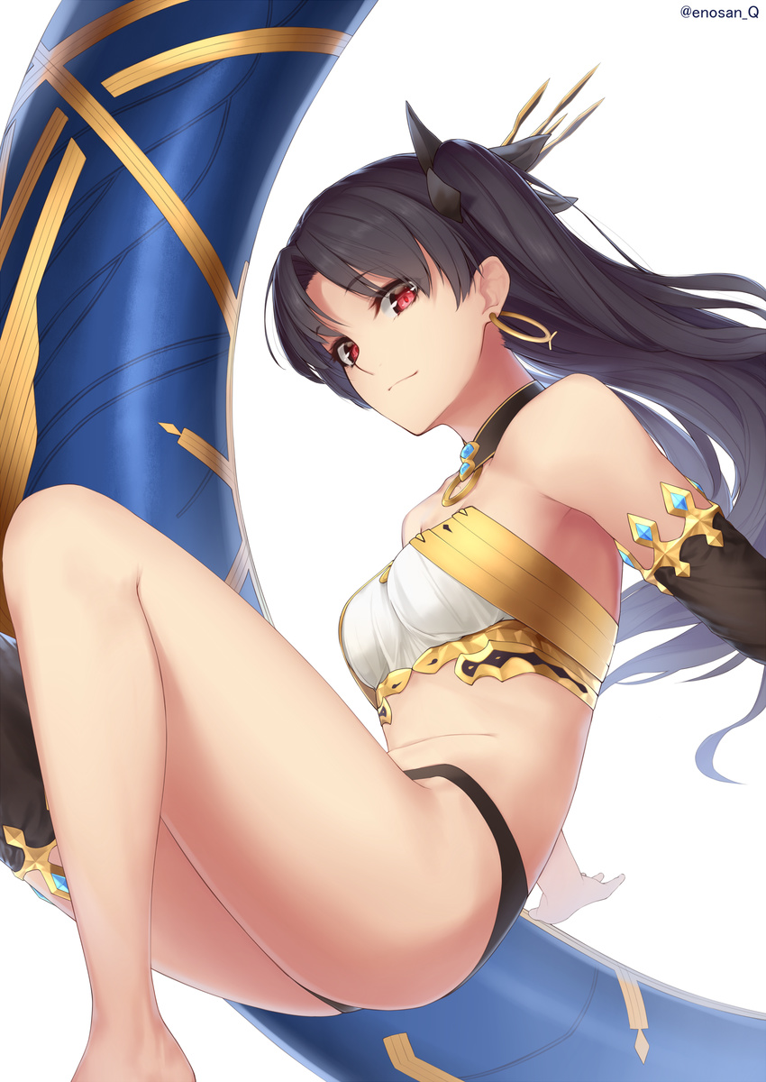 absurdres asymmetrical_legwear bandeau bare_legs bare_shoulders barefoot black_gloves black_hair black_panties black_ribbon breasts detached_collar earrings elbow_gloves enosan eyebrows_visible_through_hair fate/grand_order fate_(series) gloves hair_ribbon heavenly_boat_maanna highres hoop_earrings invisible_chair ishtar_(fate/grand_order) jewelry long_hair looking_at_viewer looking_down md5_mismatch medium_breasts panties red_eyes ribbon simple_background single_elbow_glove single_thighhigh sitting solo stomach thighhighs twitter_username underwear weapon white_background