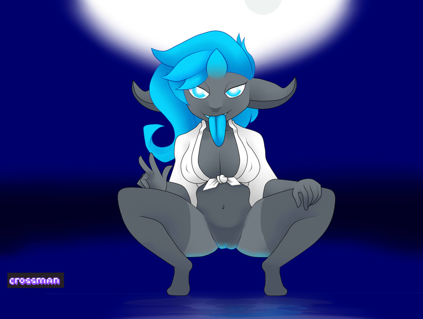 anthro breasts clothing crossman fan_character female fundoshi grey_skin hair hi_res horn humanoid invalid_tag japanese_clothing long_hair looking_at_viewer mammal moon night not_furry pussy smile solo tongue uncharted_polygons underwear