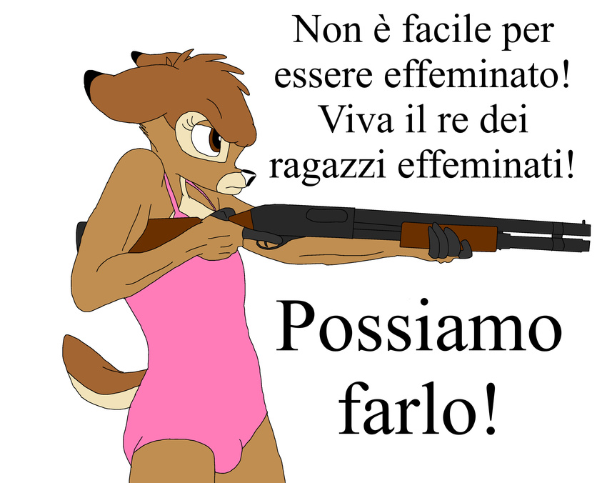 angry bambi bambi_(film) brown_eyes brown_fur cervine clothing deer disney ears_back ears_down eyelashes fur girly gun holding_object holding_weapon italian_text leotard male mammal ranged_weapon revolution shotgun solo text vanderhirsche weapon
