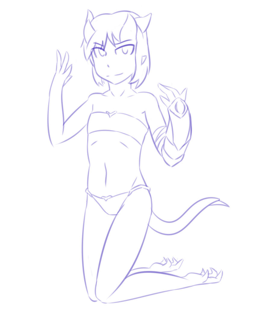 clothed clothing female flat_chested horn humanoid kneeling line_art looking_at_viewer not_furry partially_clothed pointy_ears sila_(thundragon) simple_background sketch smile solo tennegrin thundragon underwear white_background