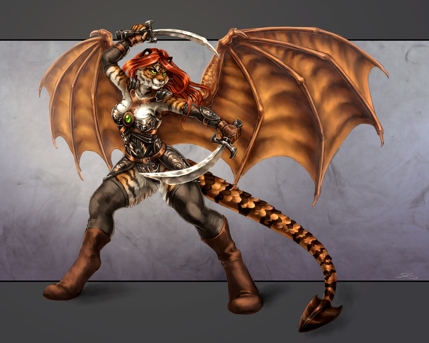 2017 anthro armor armpits bat_wings black_fur black_scales boots breasts brown_fur brown_scales clothed clothing dragon english_text feline female footwear fur furred_dragon gloves green_eyes grey_background hair hybrid jasmine_(dekafox) legwear long_hair mammal melee_weapon membranous_wings pose red_hair sabretoothed_ermine scales scalie signature simple_background solo sword text tiger weapon white_fur wings