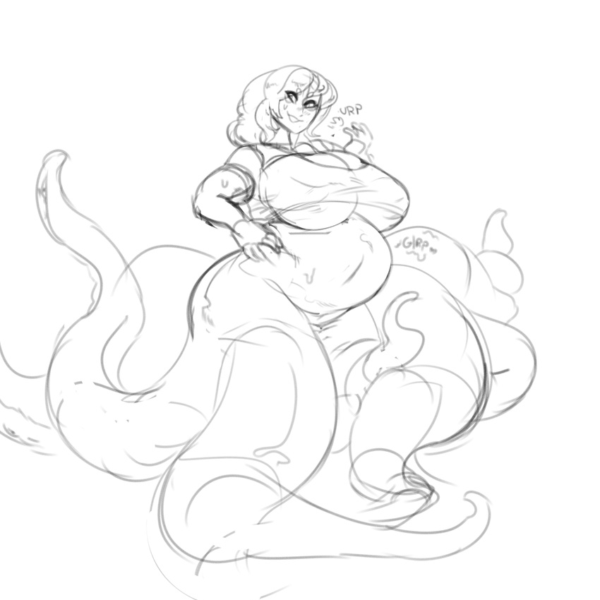 belly big_belly big_breasts breasts burping cephalopod cleavage clothed clothing female grindavikbydaylight hand_on_stomach human humanoid mammal marine octopus simple_background stomach_noises taur tentacles