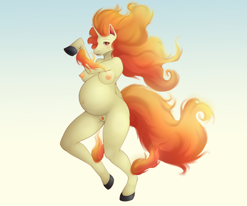 allymoodyneko anthro anthrofied areola belly big_belly breasts equine female fire hooves horn horse mammal nintendo nipples pok&eacute;mon pregnant pubes pussy rapidash solo unicorn video_games