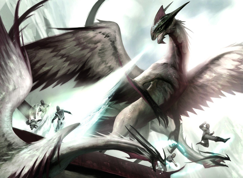 battle dragon feathered_dragon feathered_wings feathers feral fight freezing horn human ice jumping kick long_neck magic_the_gathering mammal mark_winters official_art open_mouth quadruped wings