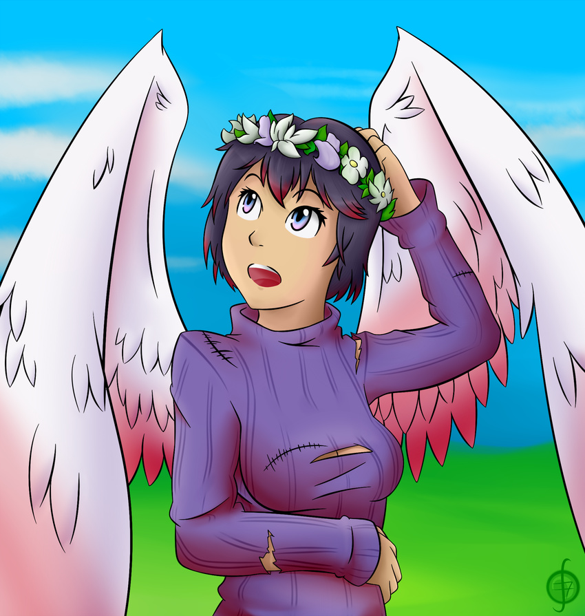 angel breasts clothed clothing female flower_crown fully_clothed hair humanoid multicolored_hair not_furry open_mouth outside portrait solo standing sweater thundragon torn_clothing two_tone_hair wings