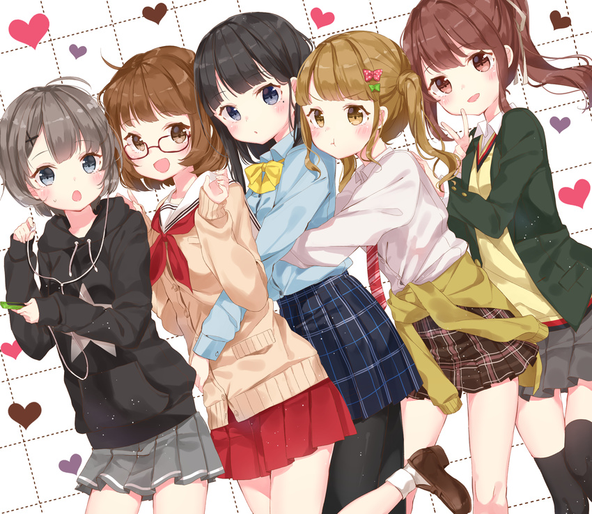 :d :o :t ahoge black_hair black_hoodie black_legwear blue_eyes blush brown_eyes brown_hair cardigan cellphone clothes_around_waist commentary_request earbuds earphones girl_sandwich glasses grey_hair hair_ornament hairclip heart highres hood hood_down hoodie hug hug_from_behind jacket_around_waist jimmy loafers long_hair long_sleeves looking_at_viewer mole mole_under_eye multiple_girls neckerchief open_mouth original pantyhose phone plaid plaid_skirt pleated_skirt ponytail sandwiched school_uniform shoes short_hair single_earphone_removed skirt smartphone smile sweater_around_waist thigh_gap thighhighs twintails v-shaped_eyebrows x_hair_ornament zettai_ryouiki