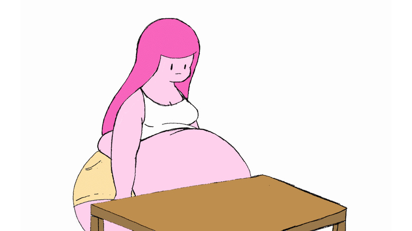 adventure_time animated belly big_belly breasts cartoon_network cleavage clothed clothing female hair navel overweight partially_clothed pink_hair pink_skin princess_bubblegum simple_background solitaryscribbles solo table