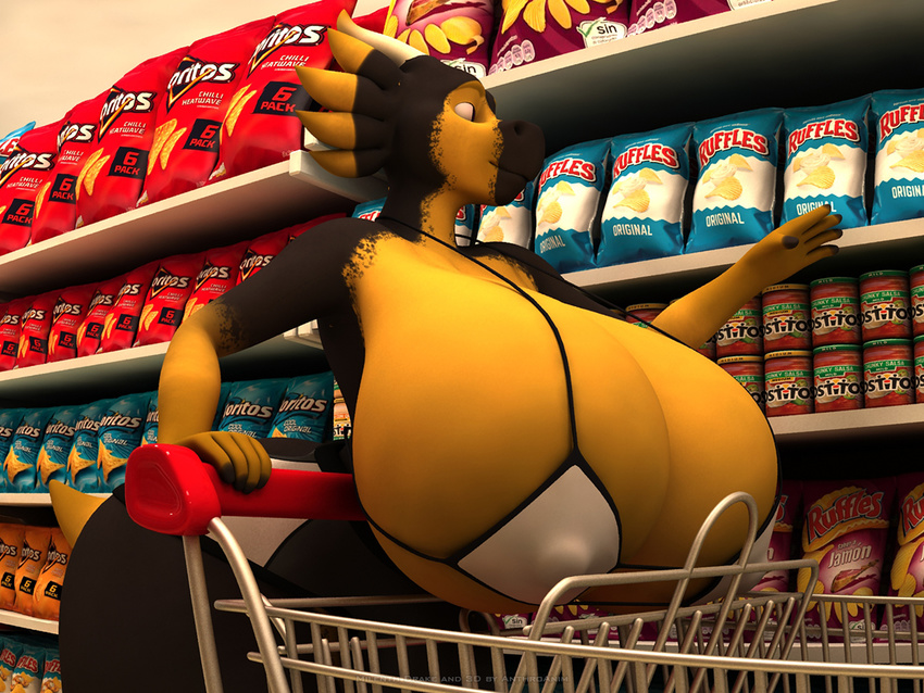 2016 3d_(artwork) anthro anthroanim armpits big_breasts bra breasts bulge butt clothed clothing dickgirl digital_media_(artwork) dragon food footwear grocery_shopping horn huge_breasts hyper hyper_breasts intersex milenth_drake product_placement sandals shopping smile solo store thick_thighs underwear wide_hips