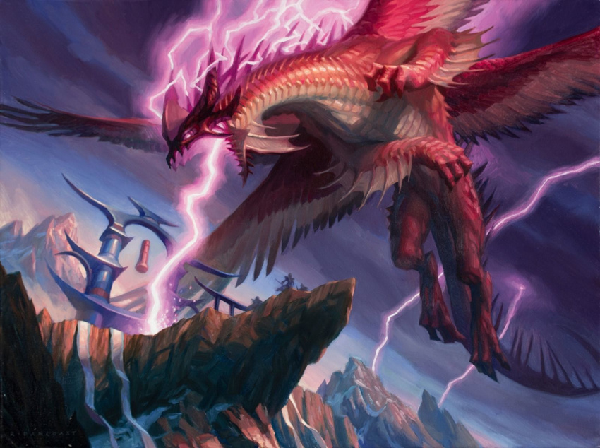 cliff dragon feathered_wings feathers featureless_crotch feral flying gate lightning low-angle_view magic_the_gathering mountain multi_wing official_art open_mouth ryan_pancoast scalie spines wings