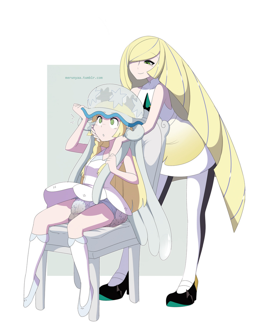 blonde_hair diaper feces female hair lillie_(pokemon) long_hair lusamine mature_female merunyaa messy_diaper mother nihilego nintendo parent pok&eacute;mon scat soiling ultra_beast video_games