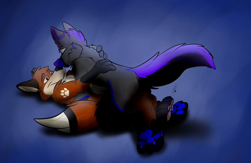 anthro canine cowgirl_position digital_media_(artwork) duo fox fur half-closed_eyes holding_(disambiguation) holidays huffles_the_fox huffles_the_fox_(artist) huffles_the_fox_(character) laying_on_top love male male/male mammal nunki_wolf on_top sex simple_background smile valentine's_day wolf