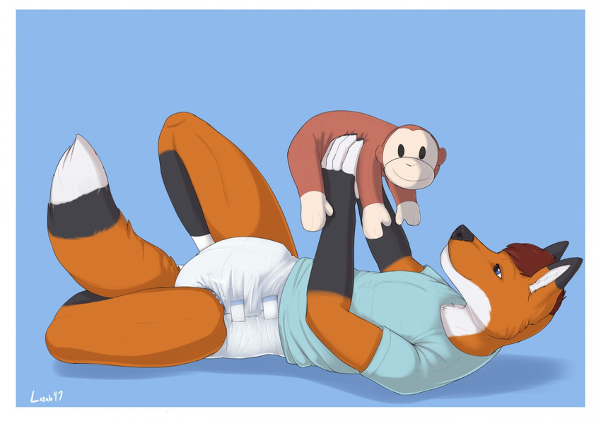 2017 ageplay blue_eyes brown_hair canine clothing diaper fox fur hair lizab lying male mammal orange_fur plushie smile solo watermark