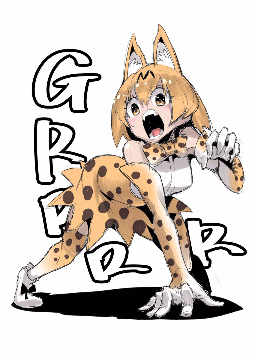 all_fours animal_ears blonde_hair bow elbow_gloves fangs gloves highres hirakata_masahiro kemono_friends open_mouth serval_(kemono_friends) serval_ears serval_print short_hair sketch solo tail thighhighs yellow_eyes
