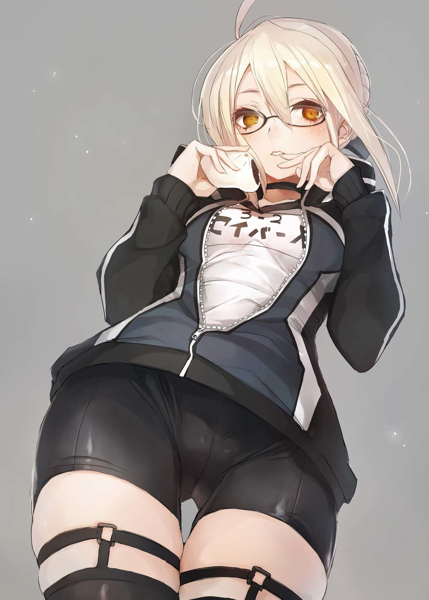 ahoge artoria_pendragon_(all) baozi bike_shorts black_choker blonde_hair blush cameltoe choker fate/grand_order fate_(series) food from_below garters glasses gym_shirt highres looking_at_viewer looking_down mysterious_heroine_x_(alter) name_tag parted_lips semi-rimless_eyewear shirt sketch solo taishi_(picchiridou) thigh_gap thighhighs thighs translated yellow_eyes