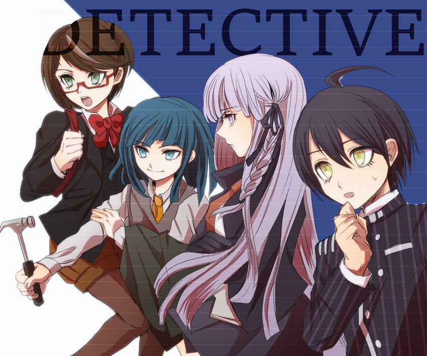 2girls ahoge androgynous black black_hair blue_eyes blue_hair bow braid brown_hair claw_hammer danganronpa danganronpa_1 danganronpa_kirigiri eyelashes gakuran glasses green_eyes hammer highres kirigiri_kyouko lavender_hair lineup long_hair multiple_boys multiple_girls necktie new_danganronpa_v3 oimohashi orange_neckwear pantyhose red-framed_eyewear red_bow reverse_trap rico_(danganronpa) saihara_shuuichi samidare_yui school_uniform semi-rimless_eyewear short_hair shorts single_braid striped sweatdrop sweater_vest trait_connection under-rim_eyewear vertical_stripes yellow_eyes