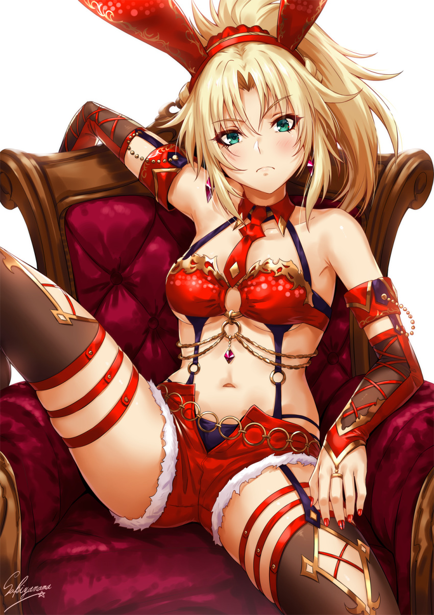 1girl animal_ears arm_rest bandeau bangs blonde_hair breasts bridal_gauntlets bunny_ears chains chair collarbone commentary_request detached_collar detached_sleeves earrings eyebrows_visible_through_hair fake_animal_ears fate/grand_order fate_(series) garter_straps gold gold_trim green_eyes hair_ornament highres jewelry knee_up long_hair looking_at_viewer mordred_(fate) mordred_(fate)_(all) nail_polish navel necktie o-ring o-ring_top open_fly parted_bangs ponytail red_legwear red_nails red_neckwear red_shorts ruby_(gemstone) sakiyamama short_shorts shorts sidelocks signature simple_background skindentation sleeve_cuffs small_breasts solo spread_legs stomach thigh_strap thighhighs white_background