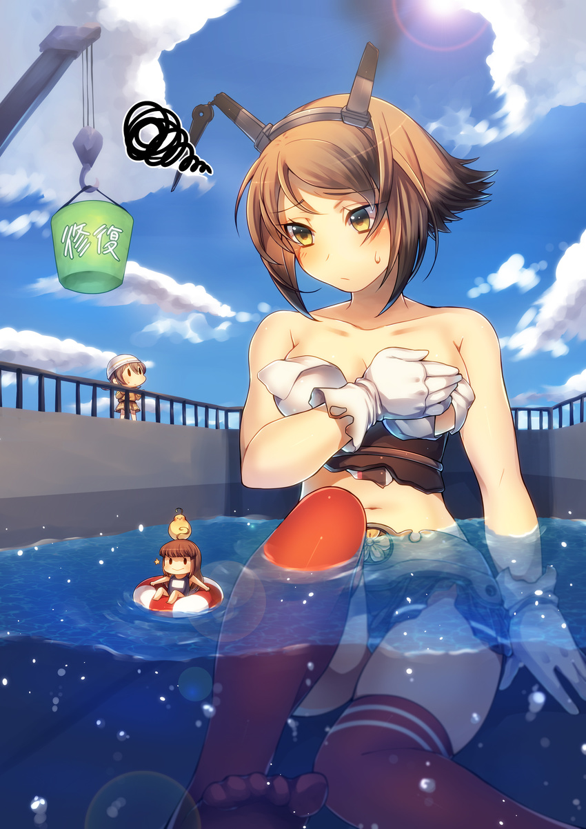 46cm_triple_gun_mount absurdres bangs blush breasts brown_eyes brown_hair bubble bucket cleavage cloud collarbone covering covering_one_breast crane damage_control_crew_(kantai_collection) damaged day embarrassed fairy_(kantai_collection) giantess gloves headgear highres kantai_collection large_breasts lens_flare midriff mika_(1020mk) multiple_girls mutsu_(kantai_collection) navel outdoors panties pantyshot pantyshot_(sitting) partially_submerged railing red_legwear repair_bucket short_hair sitting sky solo_focus spoken_squiggle squiggle striped striped_legwear sweat thighhighs torn_clothes underwear white_gloves white_panties