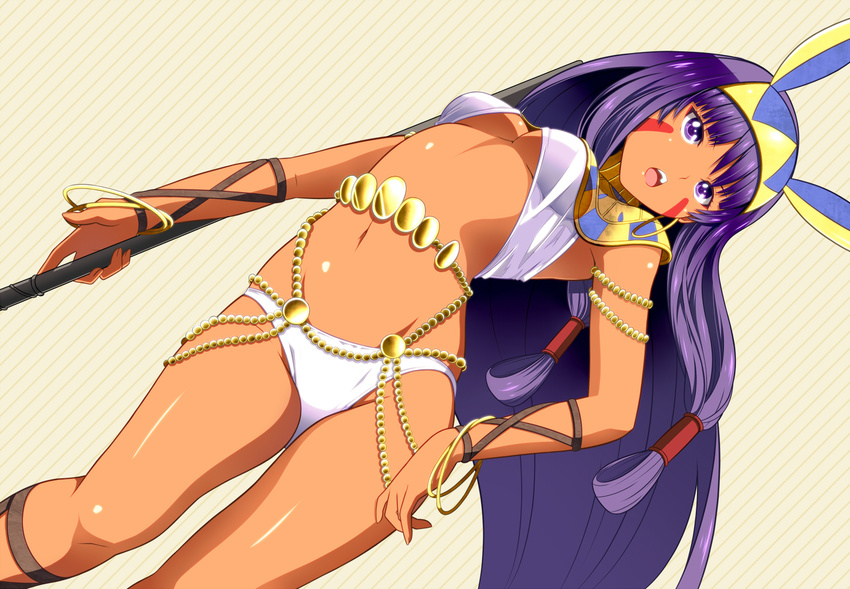 animal_ears bracelet breasts dark_skin earrings egyptian egyptian_clothes fate/grand_order fate_(series) holding holding_staff jackal_ears jewelry long_hair medium_breasts navel nitocris_(fate/grand_order) open_mouth purple_eyes purple_hair solo staff teeth tsukumo underboob very_long_hair