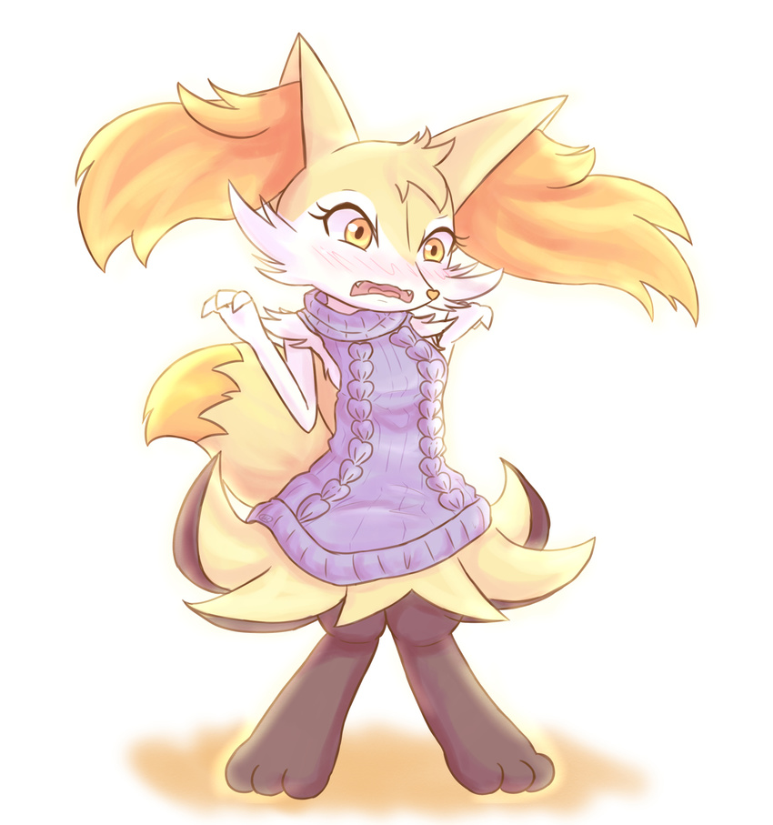 2017 ambiguous_gender anthro blush braixen canine clothed clothing fox fur inner_ear_fluff mammal nintendo open_mouth orange_fur partially_clothed pok&eacute;mon simple_background solo sweater unknownlifeform video_games virgin_killer_sweater white_background white_fur yellow_fur