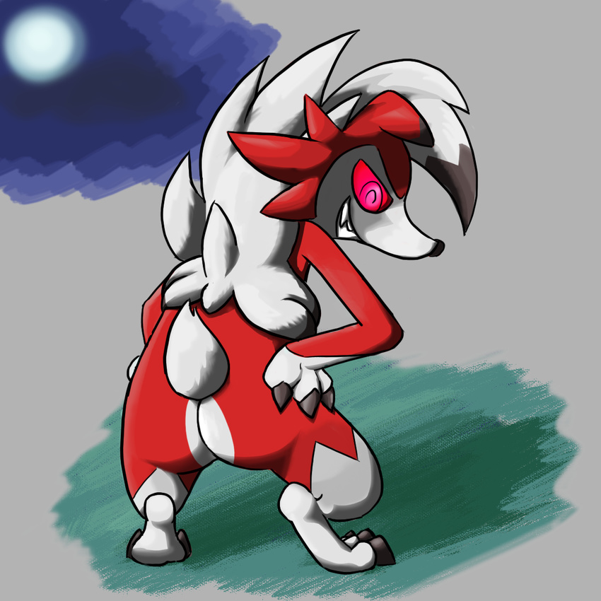 2017 ambiguous_gender anthro black_nose butt canine claws fur grin hands_on_hips looking_back lycanroc mammal midnight_lycanroc moon mooning nintendo nude pok&eacute;mon rear_view red_eyes red_fur small_tail smile solo spanking649 teeth toe_claws video_games white_fur