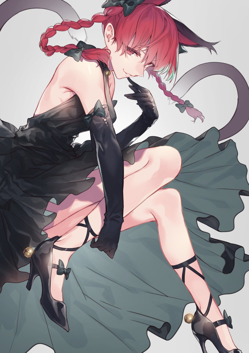 alternate_costume animal_ears bare_legs bare_shoulders bell black_bow black_footwear black_gloves bow braid breasts cat_ears cat_tail dress elbow_gloves extra_ears finger_to_mouth from_side gloves grey_background hair_bow heart heart_tail high_heels highres invisible_chair jingle_bell kaenbyou_rin leg_up long_hair looking_at_viewer medium_breasts multiple_tails nekomata no_legwear no_socks parted_lips pointy_ears red_eyes red_hair seductive_smile shoes simple_background sitting sleeveless sleeveless_dress smile solo tail touhou twin_braids two_tails uu_uu_zan