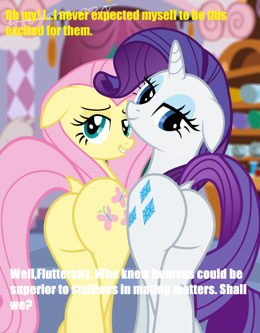 2017 bedroom_eyes butt cutie_mark duo english_text equine female feral fluttershy_(mlp) friendship_is_magic furniture hair half-closed_eyes horn horse inside looking_at_viewer looking_back mammal my_little_pony pink_hair pony purple_hair rarity_(mlp) seductive shutterflyeqd text unicorn