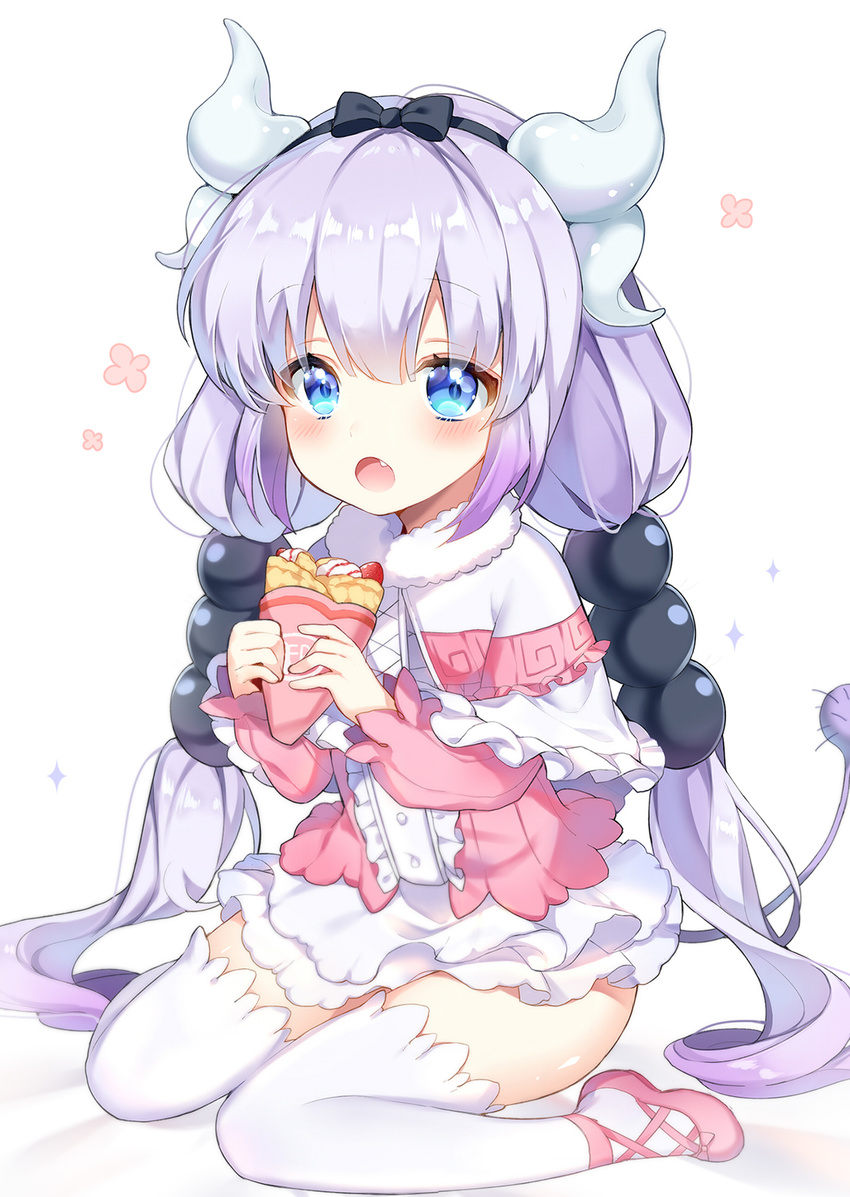 bangs beads black_hairband blue_eyes blush bow capelet crepe dragon_girl dragon_horns dragon_tail dress eyebrows_visible_through_hair fang food food_wrapper full_body gradient_hair hair_beads hair_bow hair_ornament hairband highres holding holding_food horns kanna_kamui kobayashi-san_chi_no_maidragon long_hair long_sleeves looking_at_viewer multicolored_hair open_mouth pingo pink_footwear shiny shiny_skin shoes short_dress silver_hair simple_background sitting solo tail thighhighs tied_hair twintails wariza white_background white_legwear