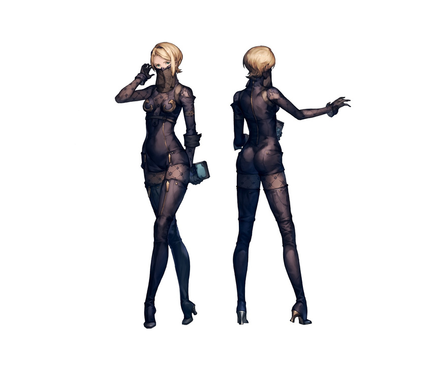 ass black_footwear black_gloves black_legwear bodysuit boots covered_navel full_body gloves high_heel_boots high_heels highres looking_at_viewer multiple_girls nier_(series) nier_automata official_art operator_21o short_hair standing tachi-e thigh_boots thighhighs veil yoshida_akihiko zipper