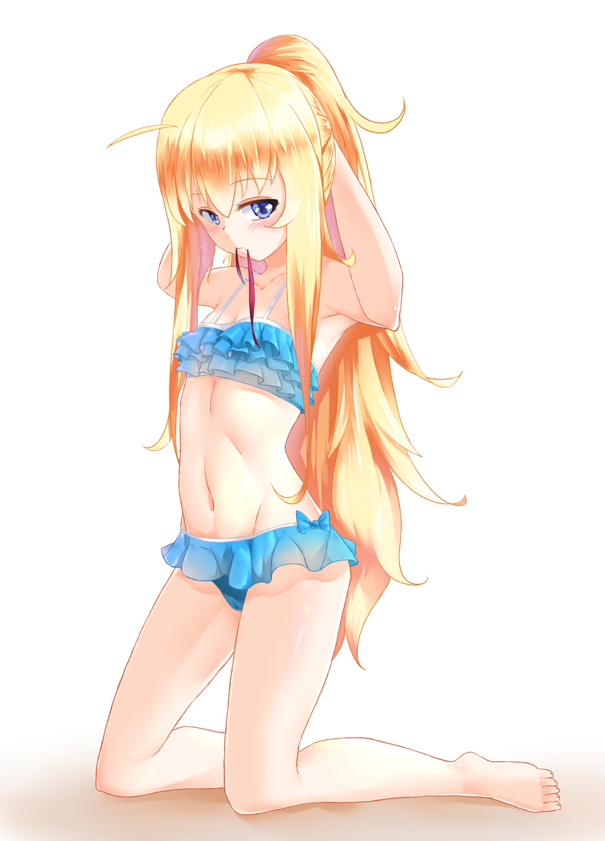 absurdres adjusting_hair armpits arms_up barefoot bikini blonde_hair blue_eyes cameltoe gabriel_dropout gala_king groin highres kneeling long_hair mouth_hold navel ponytail ribbon solo swimsuit tenma_gabriel_white very_long_hair