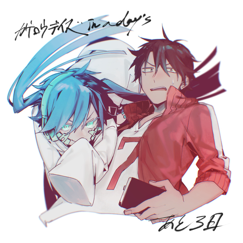 1girl alternate_costume black_hair blue_hair cellphone copyright_name ene_(kagerou_project) headphones highres jacket kagerou_project kisaragi_shintarou long_hair looking_at_viewer open_clothes open_jacket phone sanpaku shizu_(9394marimo) sleeves_past_wrists smirk sweatdrop twintails upper_body