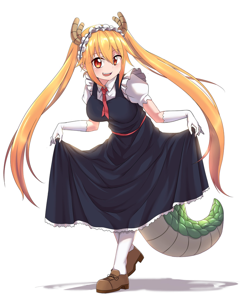 absurdres bangs blonde_hair breasts caibao commentary_request curtsey dragon_girl dragon_horns dragon_tail dress eyebrows_visible_through_hair fang full_body gloves highres horns kobayashi-san_chi_no_maidragon long_hair looking_at_viewer maid maid_headdress medium_breasts monster_girl necktie red_eyes red_neckwear sash scales shoes short_sleeves skirt_hold slit_pupils smile solo standing tail tied_hair tooru_(maidragon) twintails white_background white_gloves white_legwear