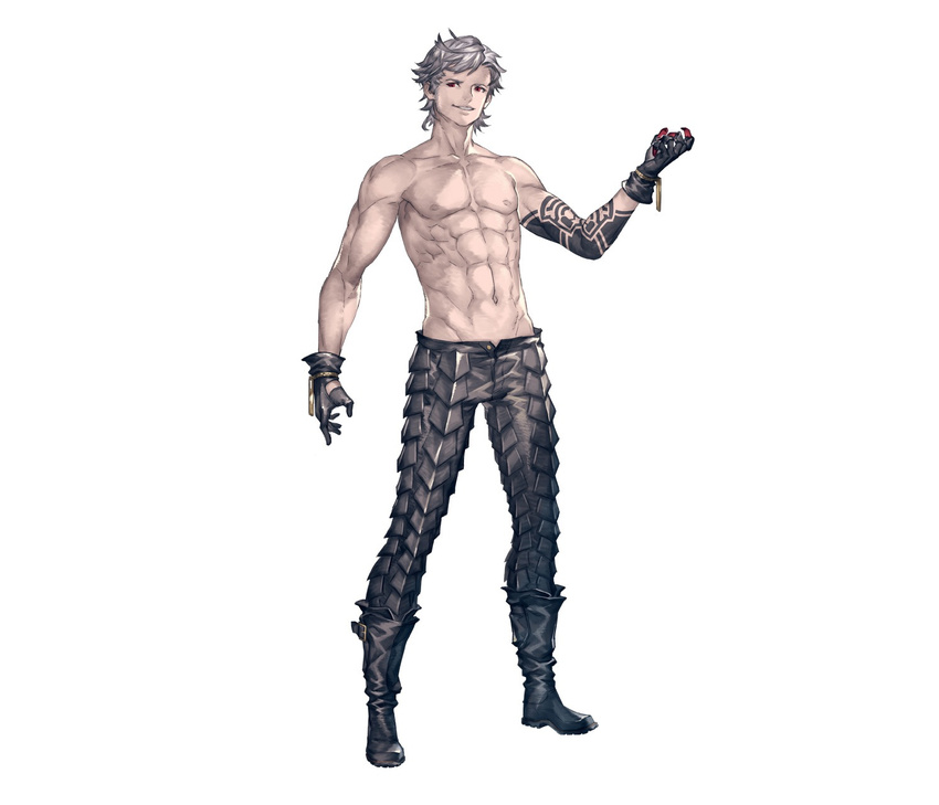abs arm_tattoo boots eve_(nier_automata) full_body gloves grin highres male_focus muscle nier_(series) nier_automata nipples official_art pants red_eyes shirtless silver_hair smile solo spiked_hair spikes standing tachi-e tattoo yoshida_akihiko
