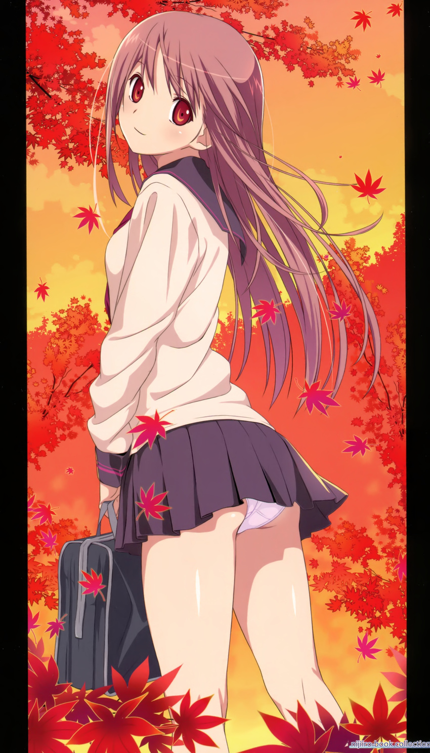 absurdres ass autumn_leaves bag black_skirt breasts brown_hair headphones highres holding holding_bag koutaro long_hair looking_at_viewer looking_back miniskirt original panties pleated_skirt red_eyes school_bag school_uniform serafuku shiny shiny_skin skirt small_breasts solo standing underwear white_panties