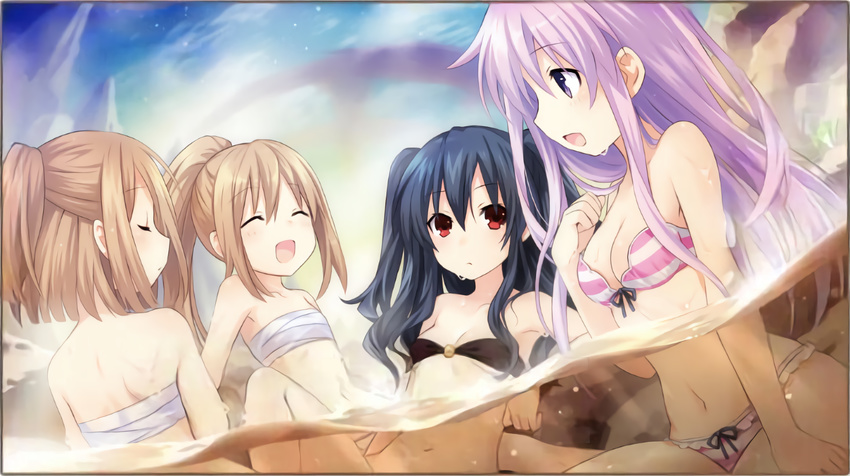 black_hair bow breasts closed_eyes dripping flat_chest four_goddesses_online:_cyber_dimension_neptune game_cg hand_on_own_chest happy highres laughing light_brown_hair long_hair medium_breasts medium_hair multiple_girls navel nepgear neptune_(series) official_art onsen partially_submerged ponytail purple_eyes purple_hair ram_(choujigen_game_neptune) red_eyes rom_(choujigen_game_neptune) sarashi short_hair siblings smile striped tsunako twins two_side_up uni_(choujigen_game_neptune) water wet