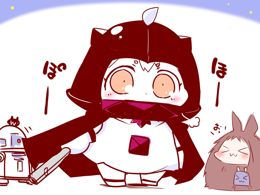 &gt;_&lt; :3 ahoge animal_ears blush_stickers bunny_ears cape chewbacca chewbacca_(cosplay) chibi closed_eyes comic commentary_request cosplay darth_vader darth_vader_(cosplay) dress enemy_aircraft_(kantai_collection) helmet highres horns kantai_collection looking_at_viewer mittens multiple_girls northern_ocean_hime orange_eyes r2-d2 r2-d2_(cosplay) rensouhou-chan rolled_up_newspaper sako_(bosscoffee) shimakaze_(kantai_collection) shinkaisei-kan sitting sitting_on_head sitting_on_person star_wars translation_request white_background x3
