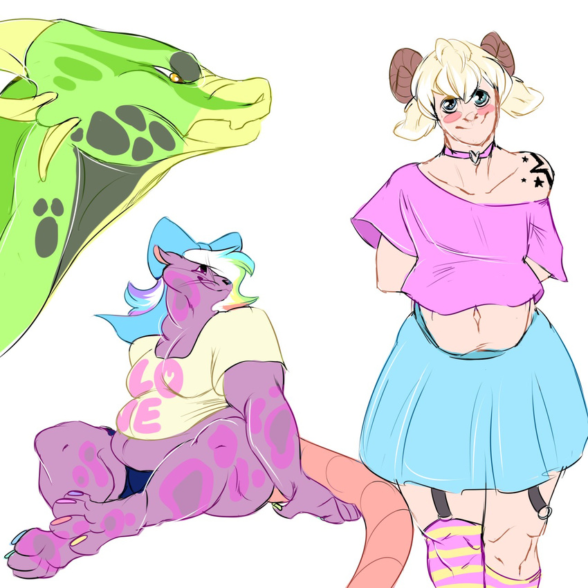 ambiguous_gender anthro badquinque clothed clothing crossdressing dragon female feral girly goat_ears group male mammal mouse overweight rodent standing