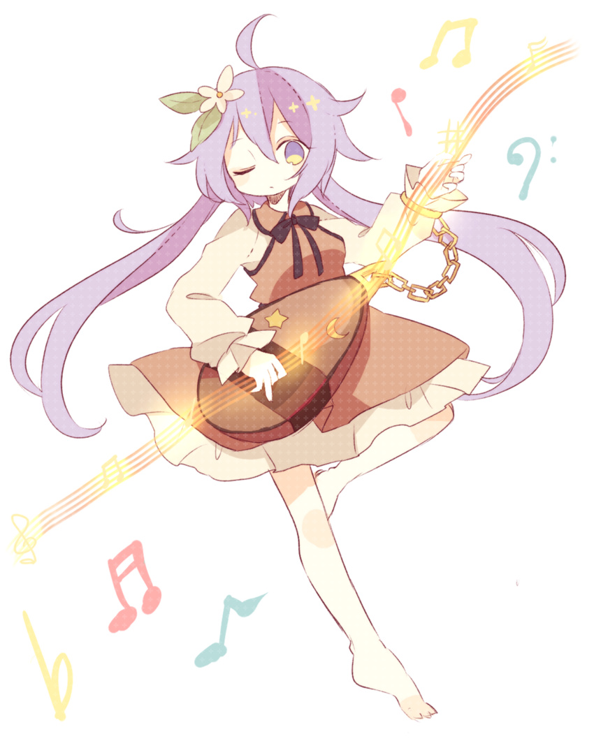 ahoge bad_id bad_pixiv_id bare_legs barefoot bass_clef beamed_eighth_notes beamed_sixteenth_notes biwa_lute brown_dress chair daizu_(melon-lemon) dress eighth_note flat_sign flower full_body hair_flower hair_ornament highres instrument long_hair long_sleeves low_twintails lute_(instrument) music musical_note one_eye_closed purple_eyes purple_hair quarter_note sharp_sign solo staff_(music) touhou tsukumo_benben twintails