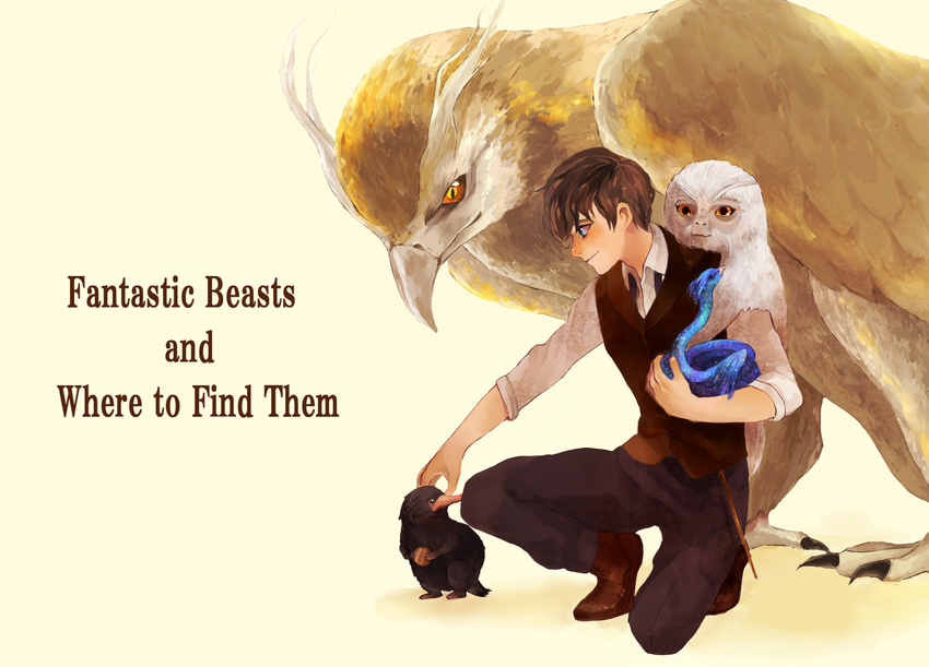 bird blue_eyes boots brown_hair coin copyright_name demiguise fantastic_beasts_and_where_to_find_them feathered_wings freckles koma_(user_agrm8372) male_focus newt_scamander niffler occamy orange_eyes simple_background snake thunderbird_(fantastic_beast) wand wings yellow_background